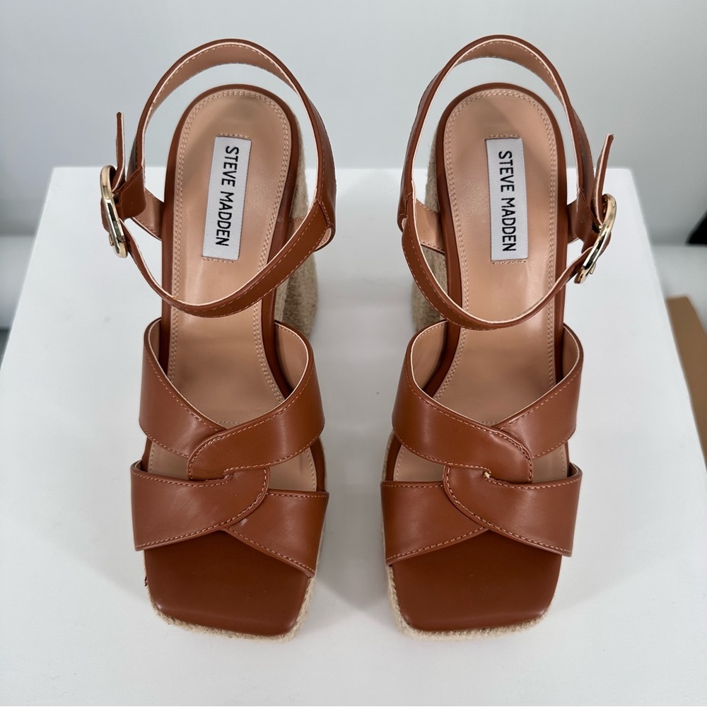Steve Madden Matter Heeled Platform Sandals in Cognac size 10 New Ankle Strap - Picture 4 of 10